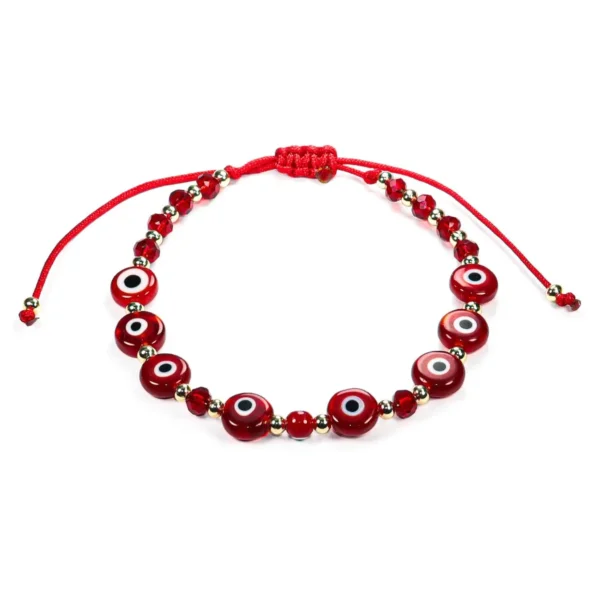 Pulsera de hilo con cristales rojos y ojitos turcos